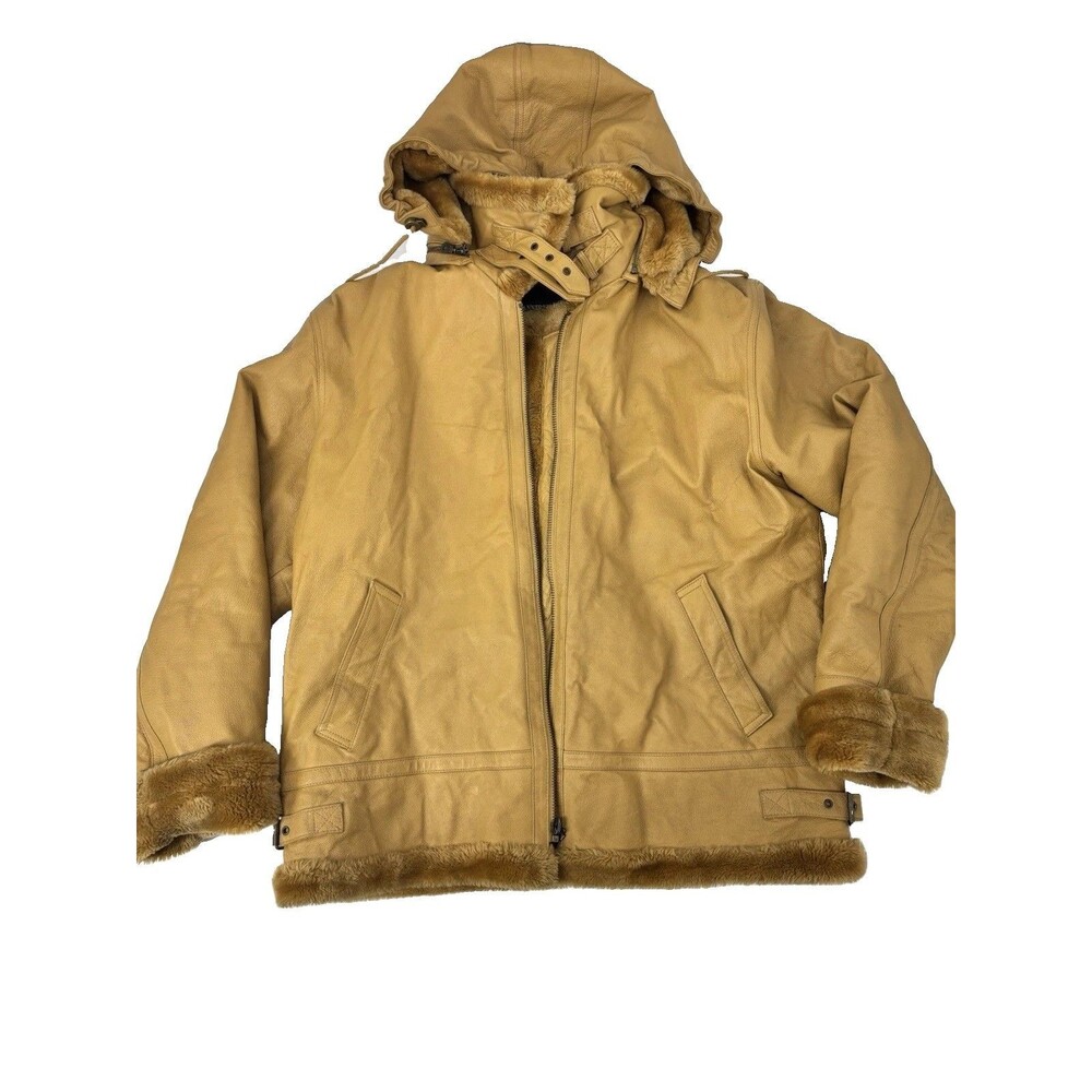 Vintage Tanners Avenue XL Genuine Leather Hooded Jacket Faux Fur Lined Repair